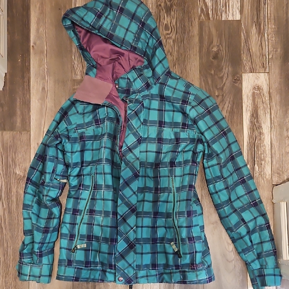 Burton Green Teal Purple Plaid Ski Snowboard Jacket White Collection Medium